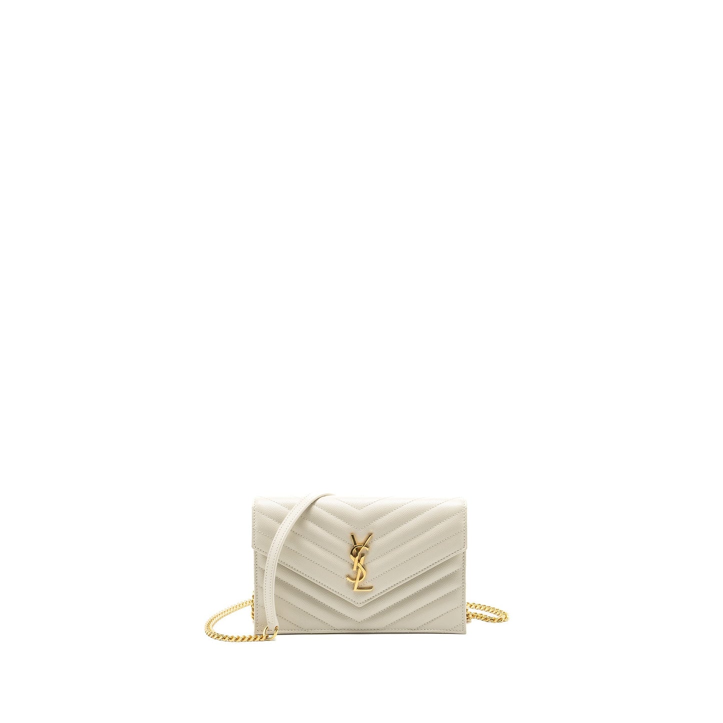 Saint Laurent envelope chain wallet grained calfskin cream soft