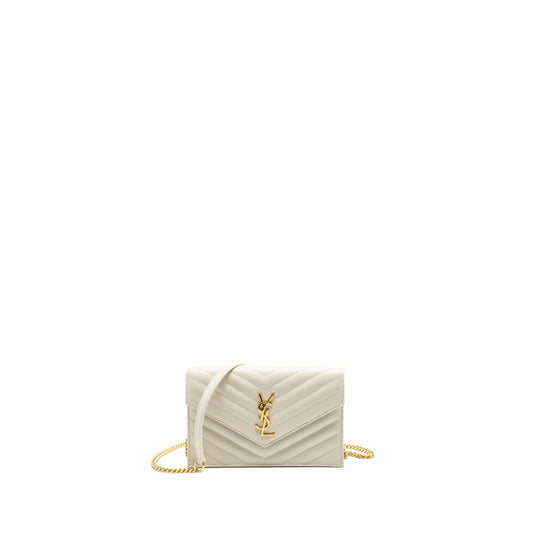 Saint Laurent envelope chain wallet grained calfskin cream soft