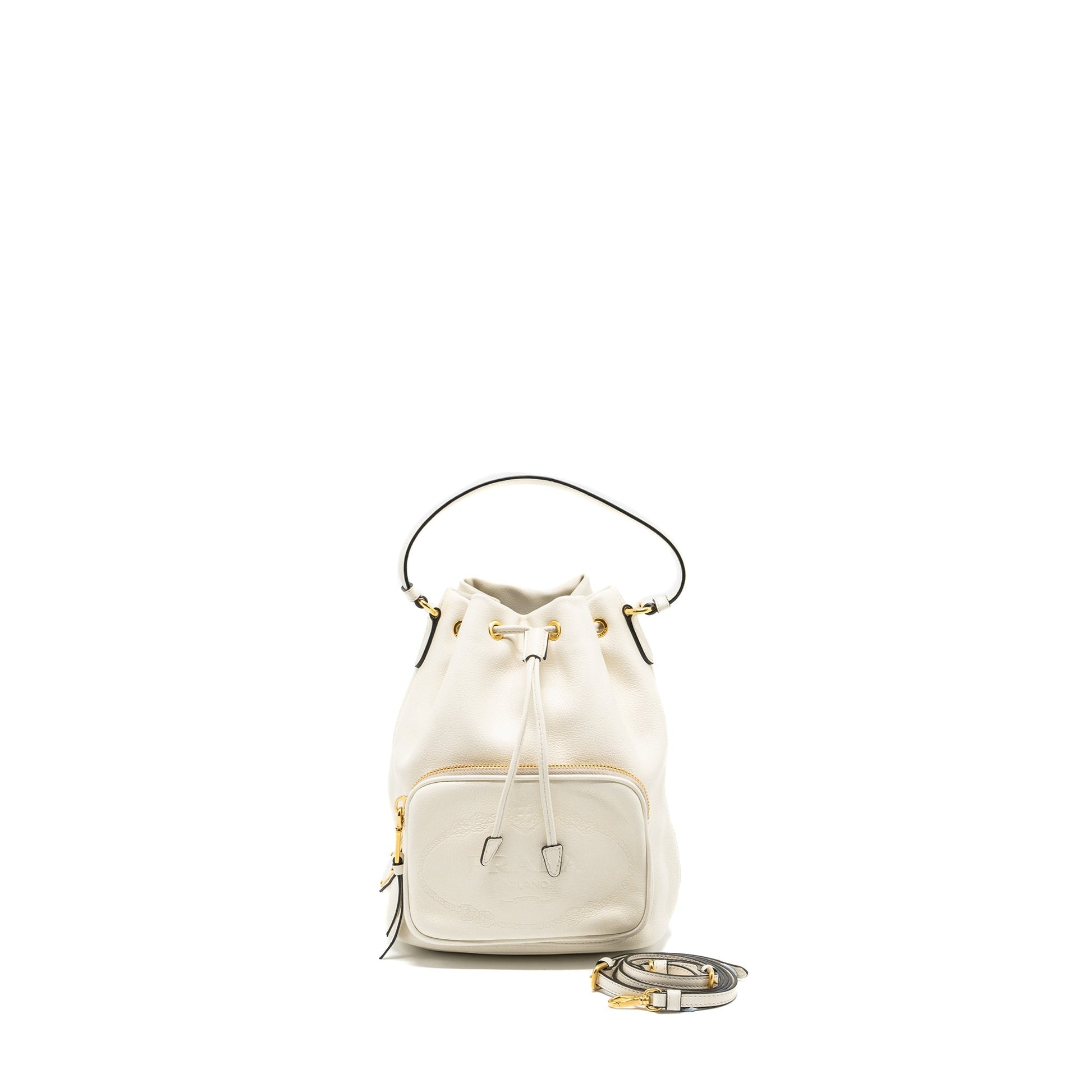 Prada Drawstring Bucket Purse Calfskin White