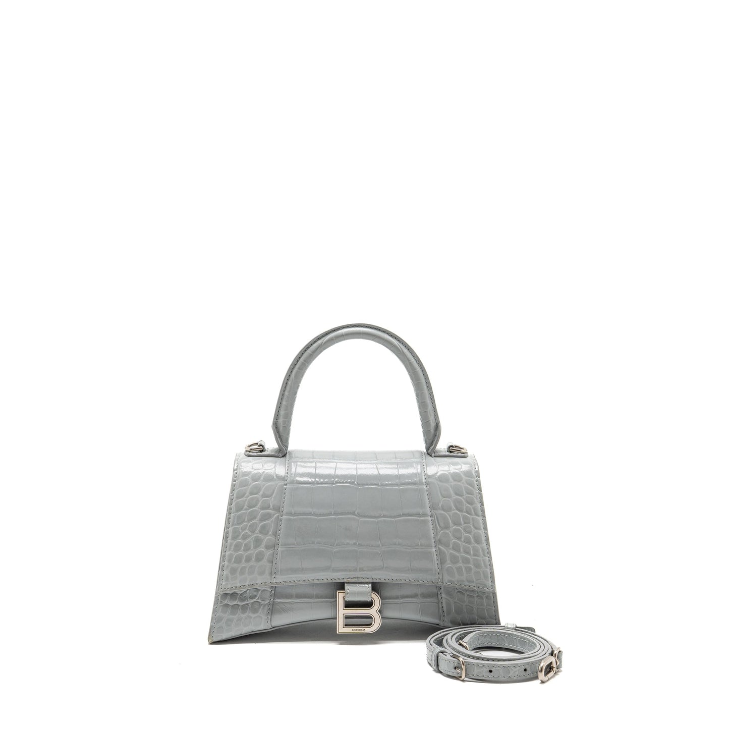 Balenciaga Small Hourglass Bag Croc-embossed Calfskin Grey SHW