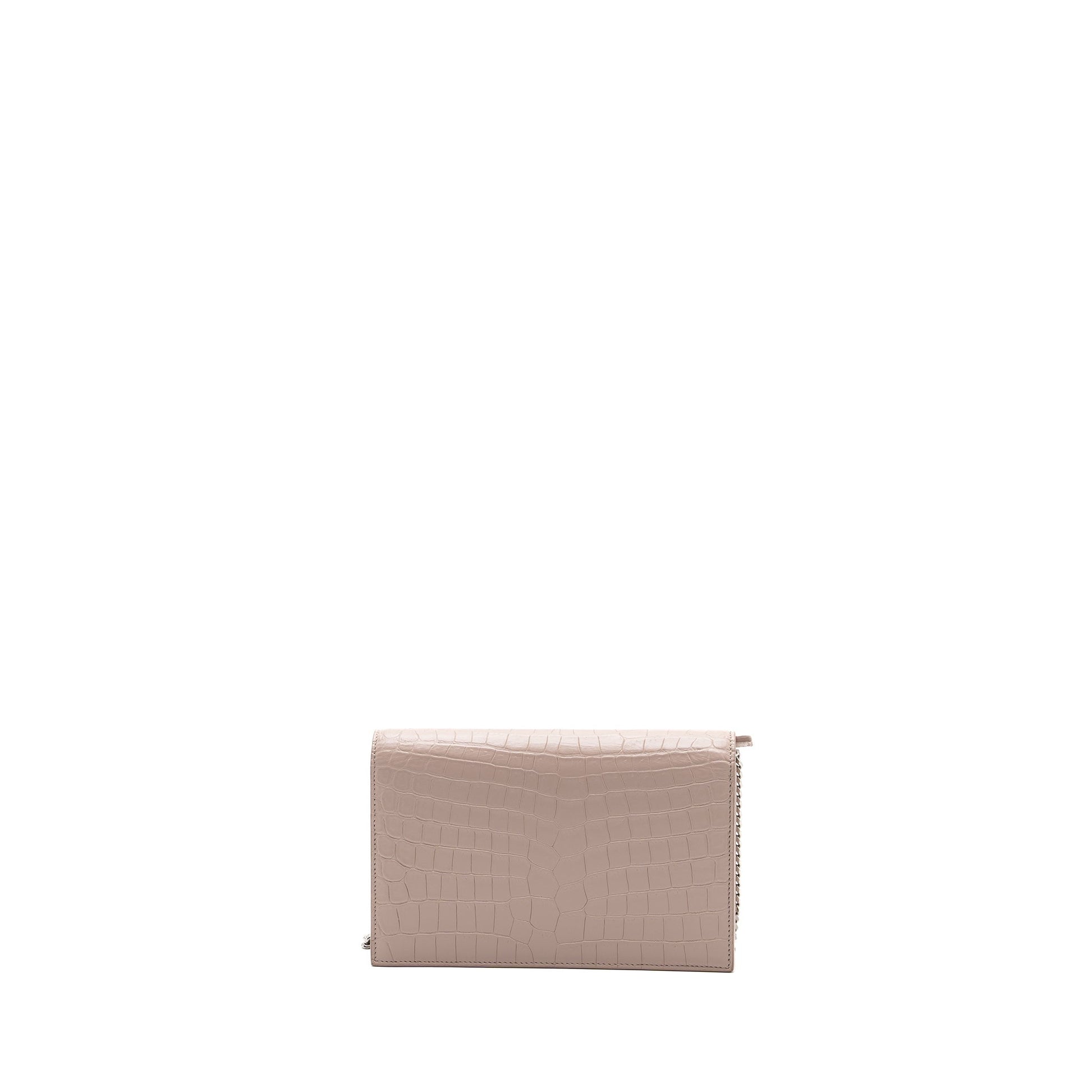 Saint Laurent Kate Wallet On Chain Crocodile-Embossed Leather Light Pink