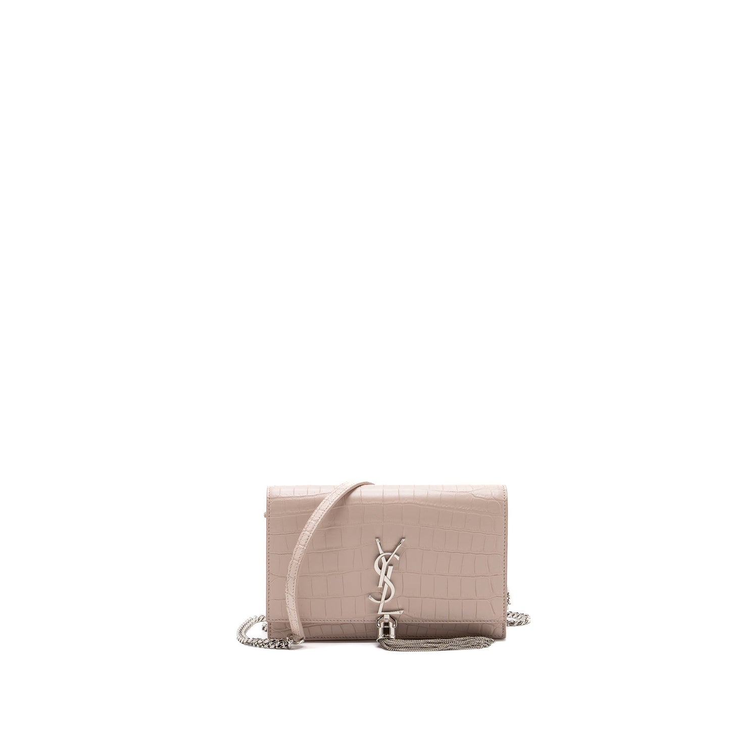 Saint Laurent Kate Wallet On Chain Crocodile-Embossed Leather Light Pink