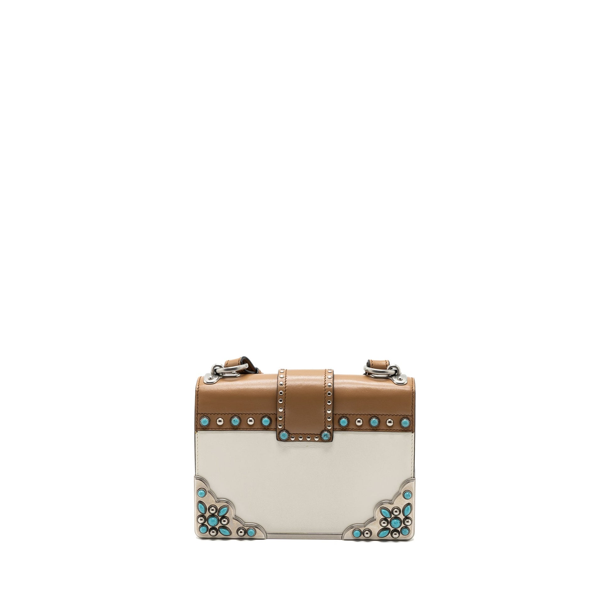 Prada Cahier Embellished Two-tone Leather Mini Purse White / Caramel
