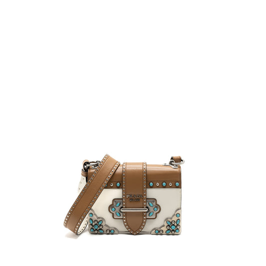 Prada Cahier Embellished Two-tone Leather Mini Purse White / Caramel