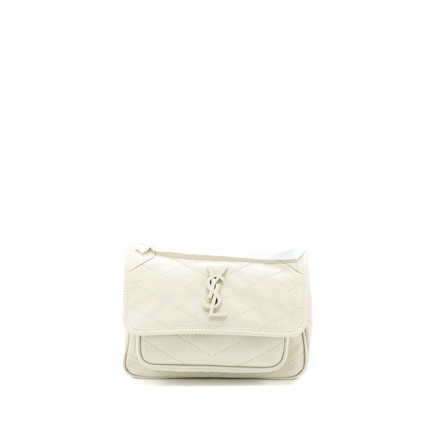 Saint Laurent Niki Baby Chain Purse in Crinkled Calfskin Blanc
