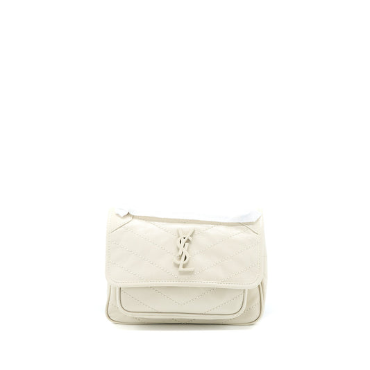 Saint Laurent Niki Baby Chain Purse in Crinkled Calfskin Blanc