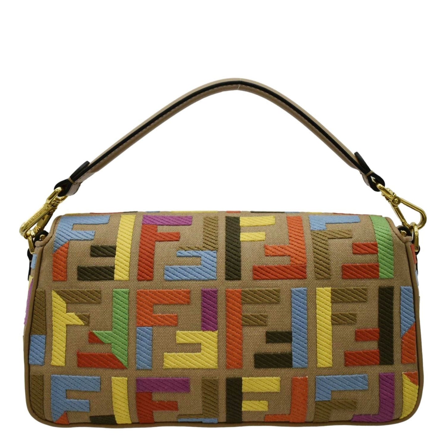 FENDI Vitello King FF Embroidered Baguette Canvas Shoulder Bag Cuoio