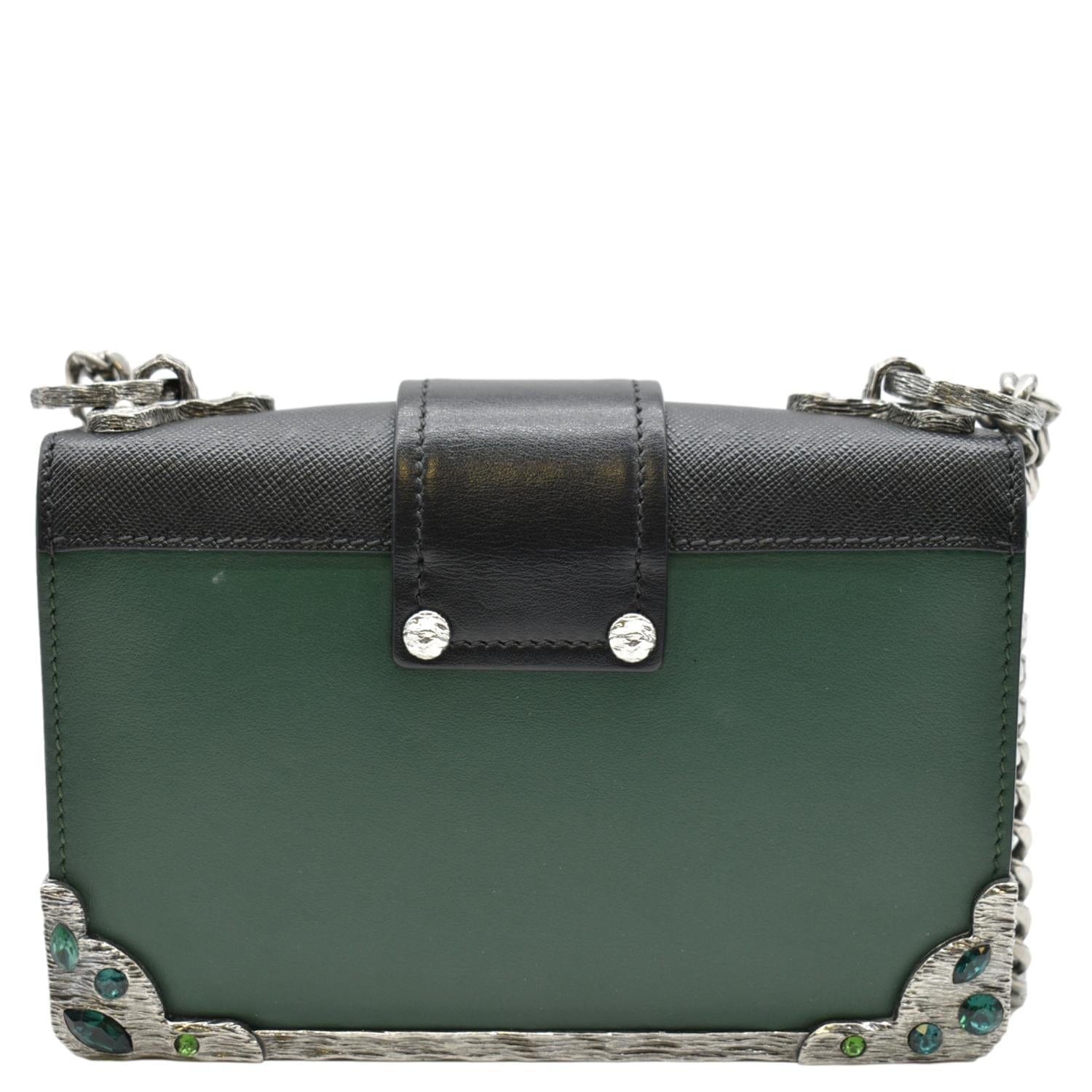 PRADA Cahier Swarovski Crystals Leather Shoulder Bag Green