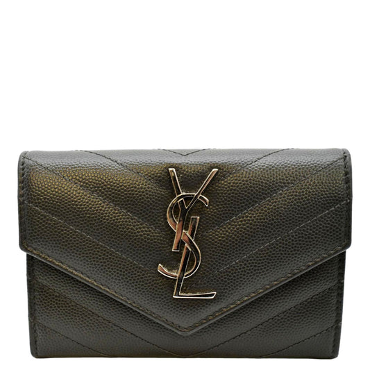 YVES SAINT LAURENT Flap Grain De Poudre Wallet Olive Green
