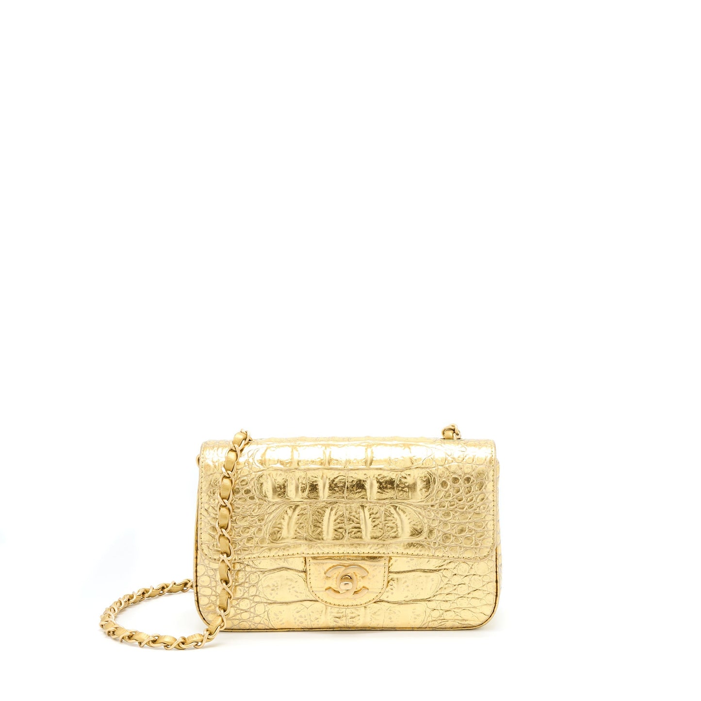 Chanel Mini Rectangular Flap Bag Croc Embossed Calfskin Gold