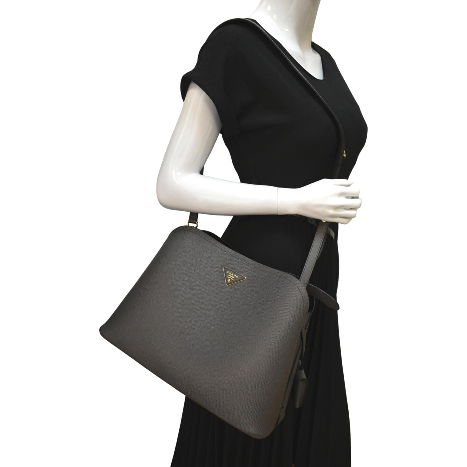 PRADA Matinee Saffiano Leather Shoulder Bag Fumo