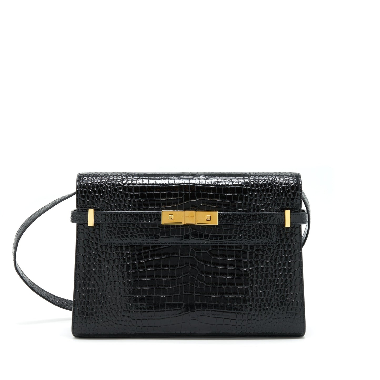 Saint Laurent/ Manhattan Mini Purse Shiny Crocodile-Embossed Black