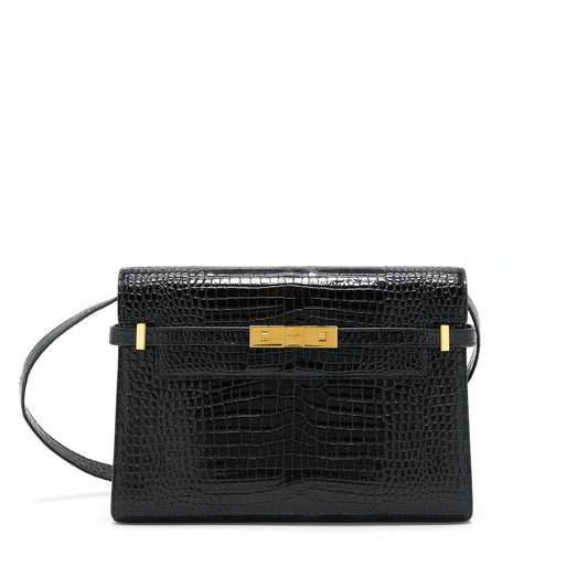Saint Laurent/ Manhattan Mini Purse Shiny Crocodile-Embossed Black