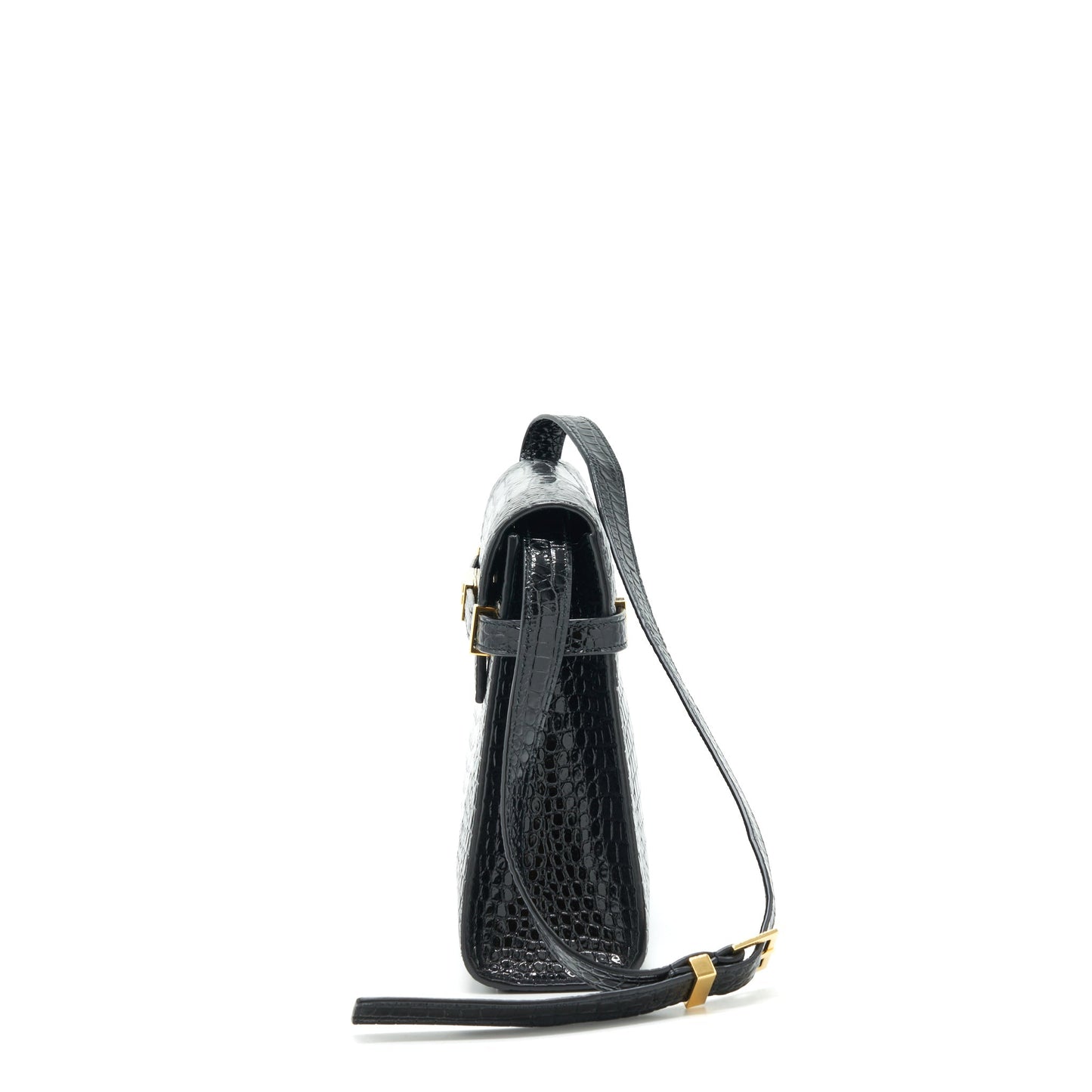 Saint Laurent/ Manhattan Mini Purse Shiny Crocodile-Embossed Black