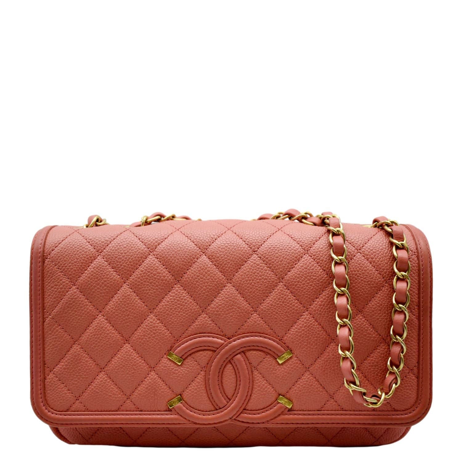Chanel CC Filigree Medium Flap Caviar Leather Crossbody Bag Pink
