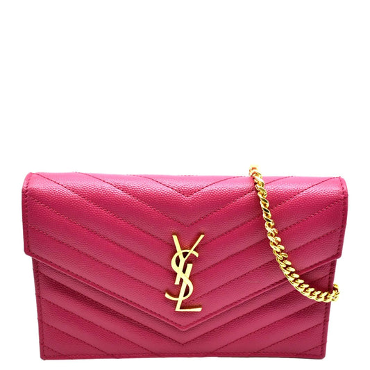 YVES SAINT LAURENT Cassandre Grain De Poudre Embossed Chain Envelope Bag Fuchsia