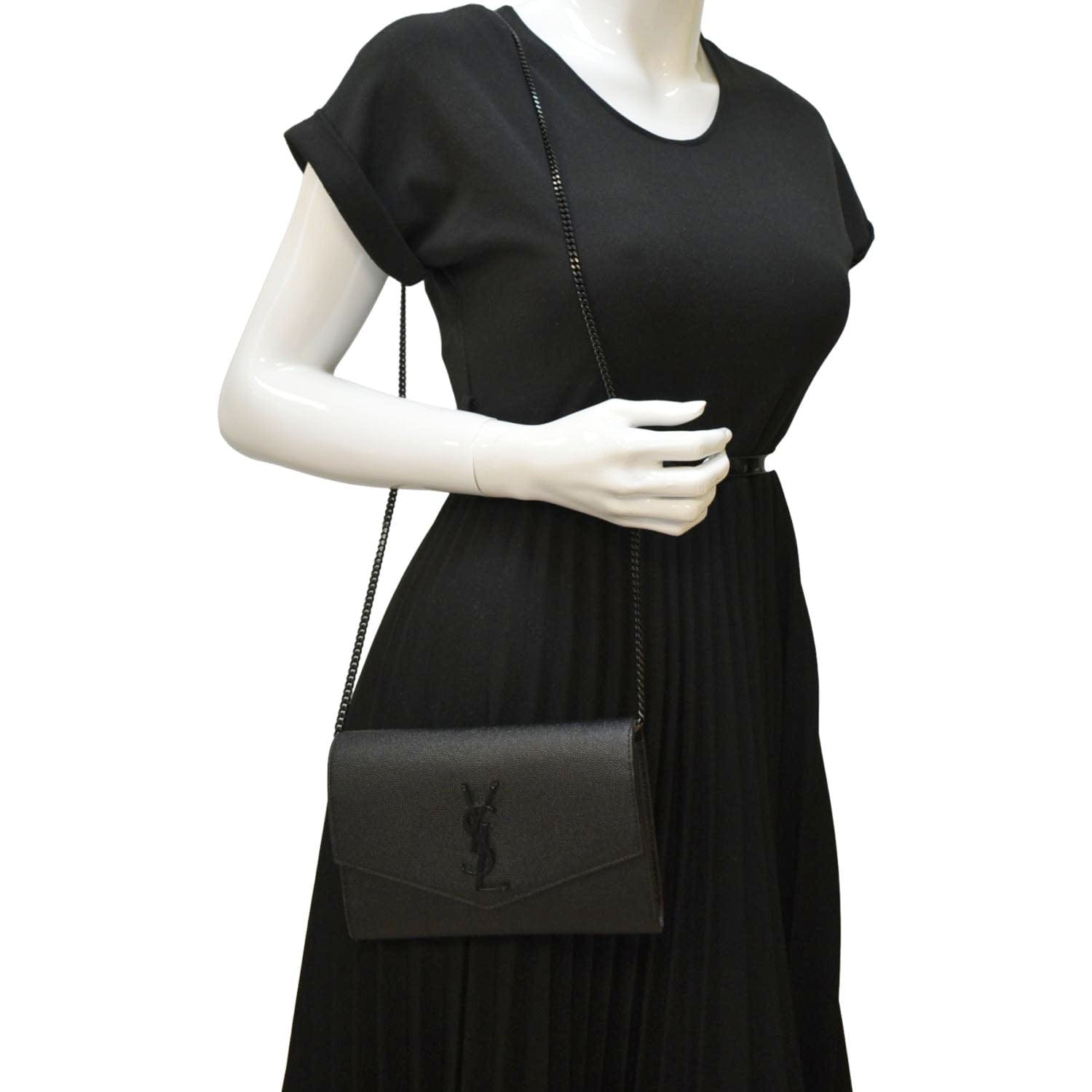 YVES SAINT LAURENT Uptown Gain De Poudre Embossed Leather Crossbody Chain Wallet Black
