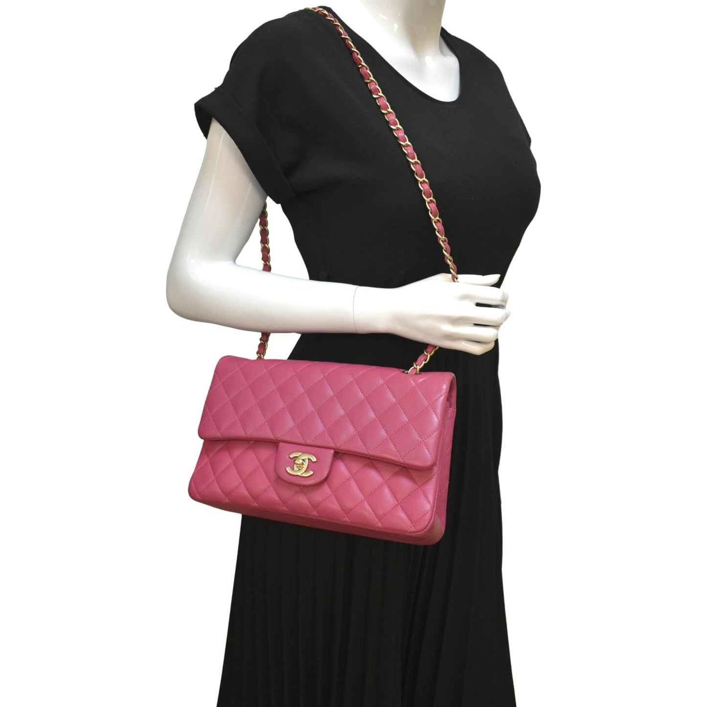 CHANEL Classic Medium Double Flap Quilted Leather Shoulder Bag Pink