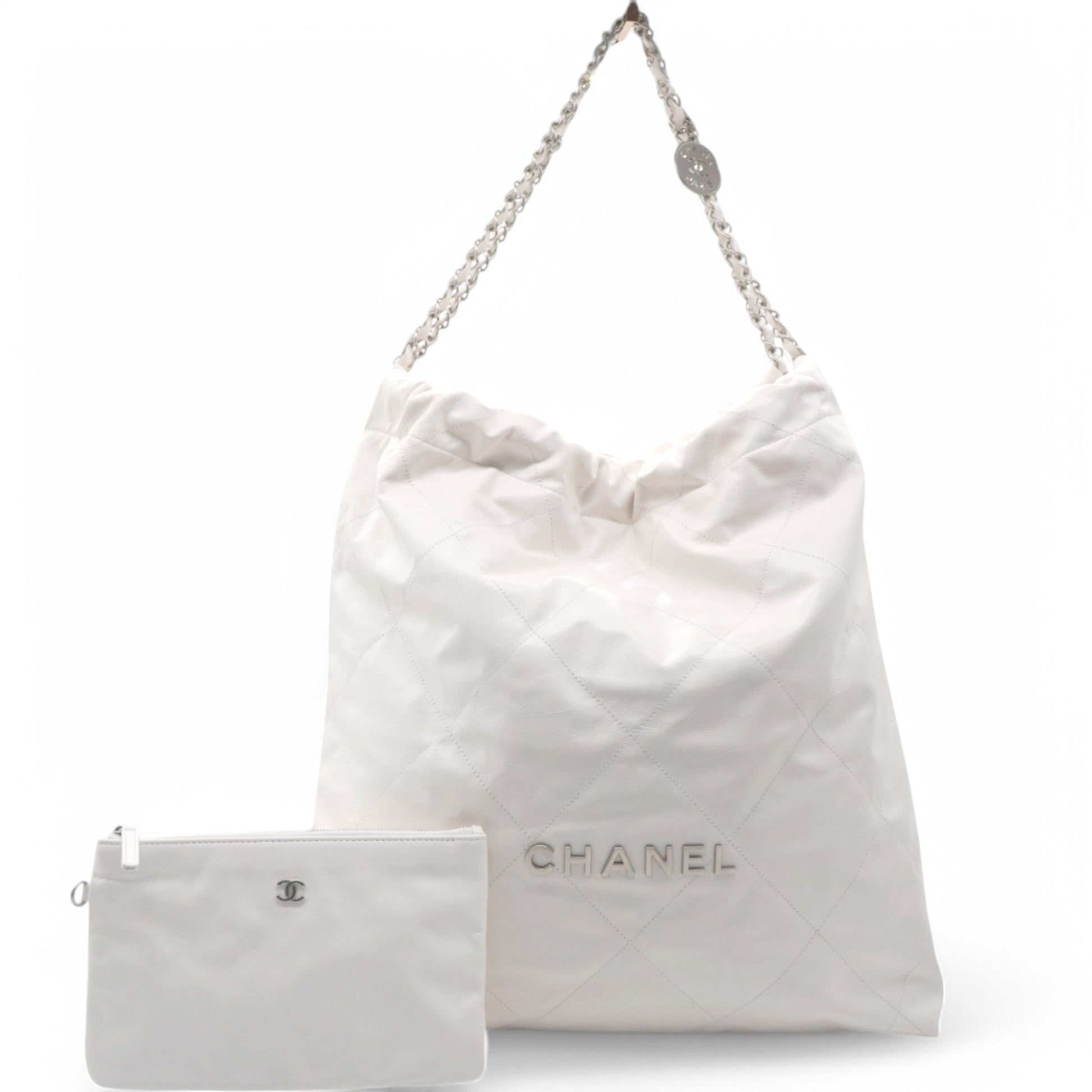 Shiny Quilted Large Chanel 22 White Handbag