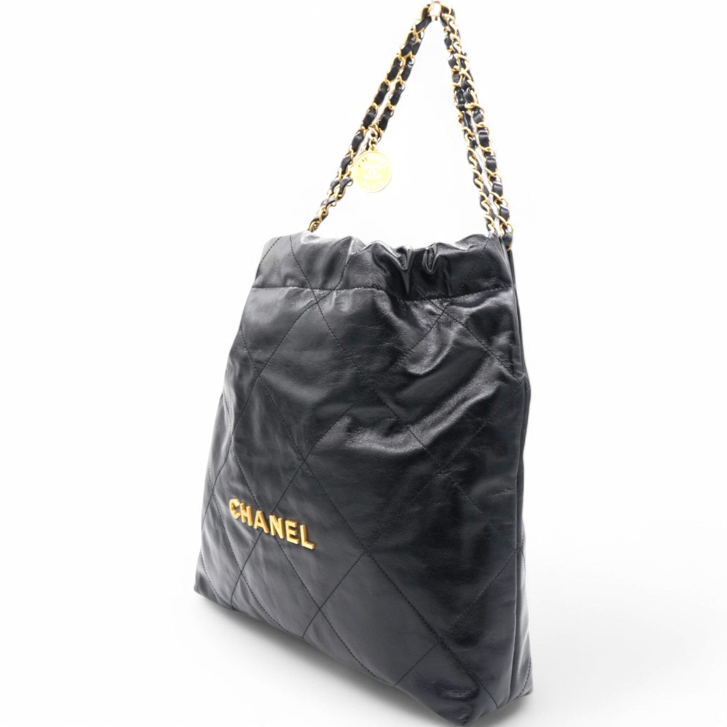 Shiny Quilted Medium Chanel 22 Black Handbag