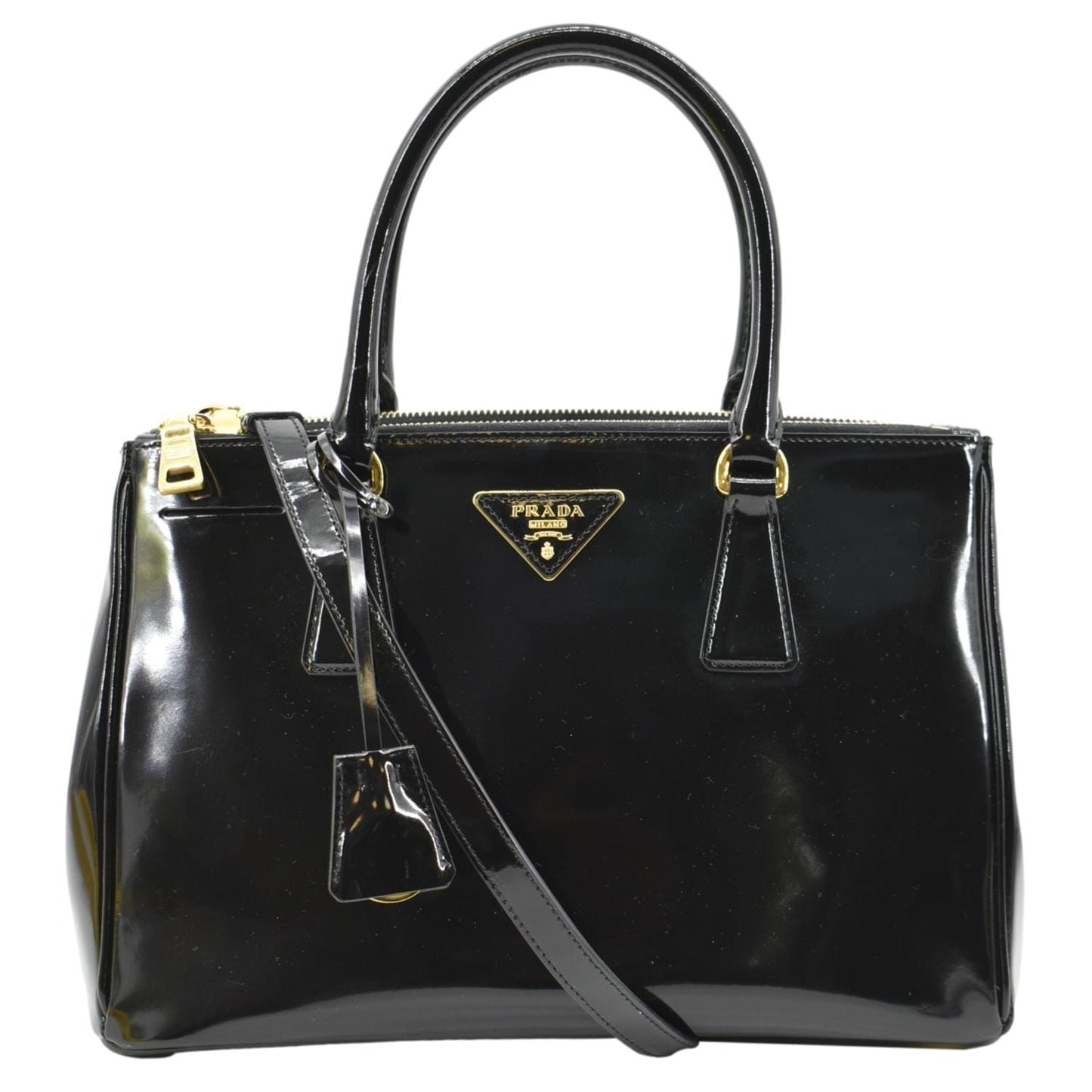PRADA Double Zip Patent Leather Shoulder Bag Black