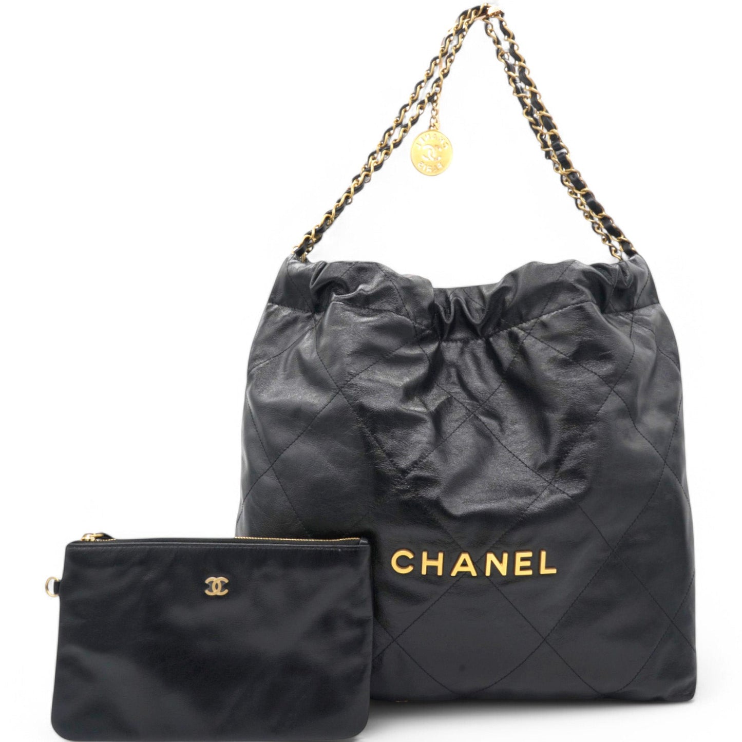 Shiny Quilted Medium Chanel 22 Black Handbag