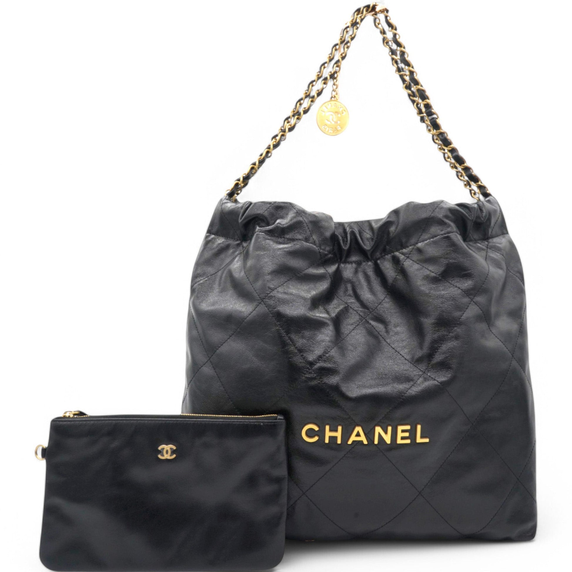 Shiny Quilted Medium Chanel 22 Black Handbag