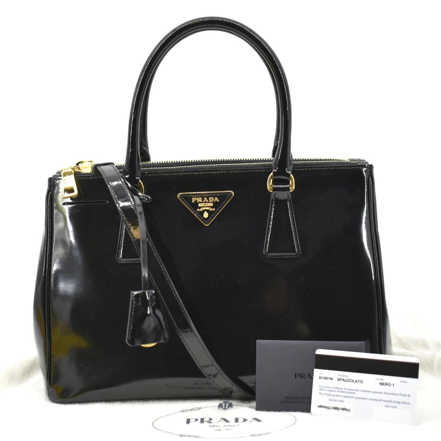PRADA Double Zip Patent Leather Shoulder Bag Black