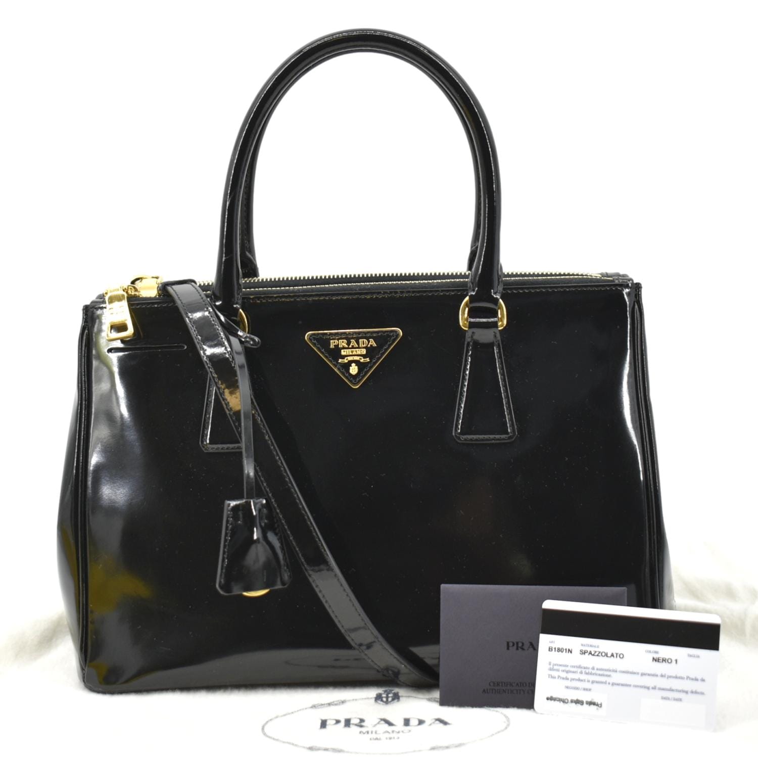 PRADA Double Zip Patent Leather Shoulder Bag Black