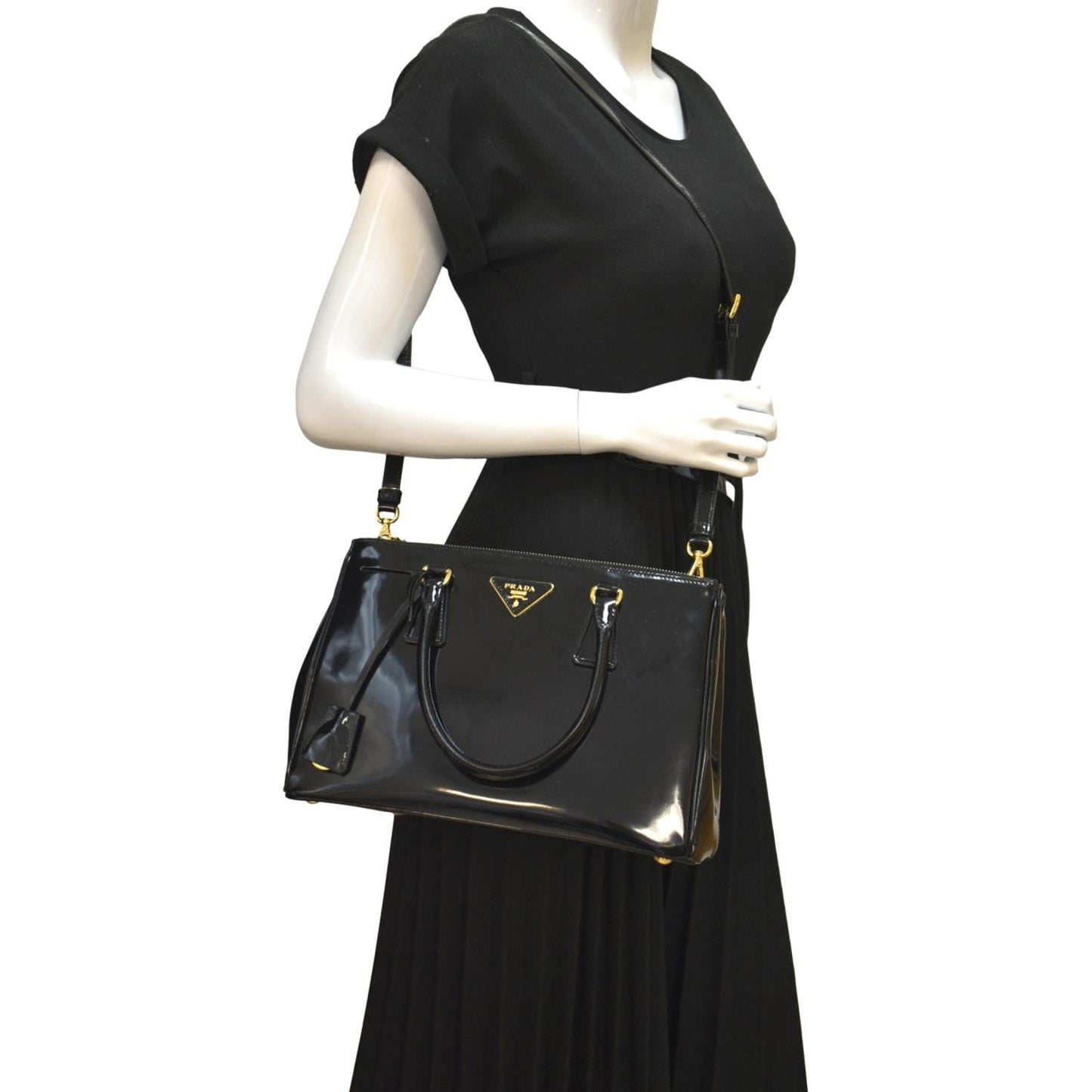 PRADA Double Zip Patent Leather Shoulder Bag Black