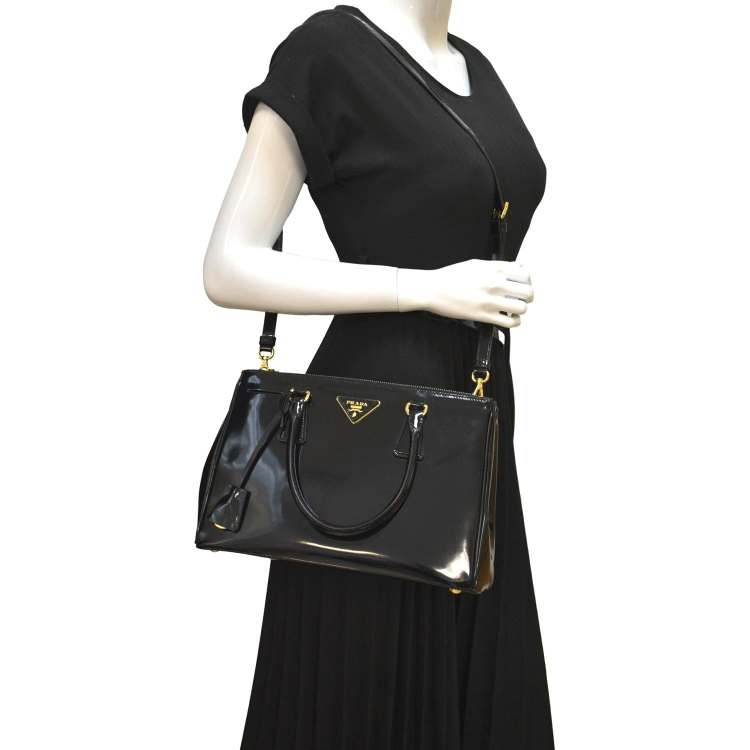PRADA Double Zip Patent Leather Shoulder Bag Black