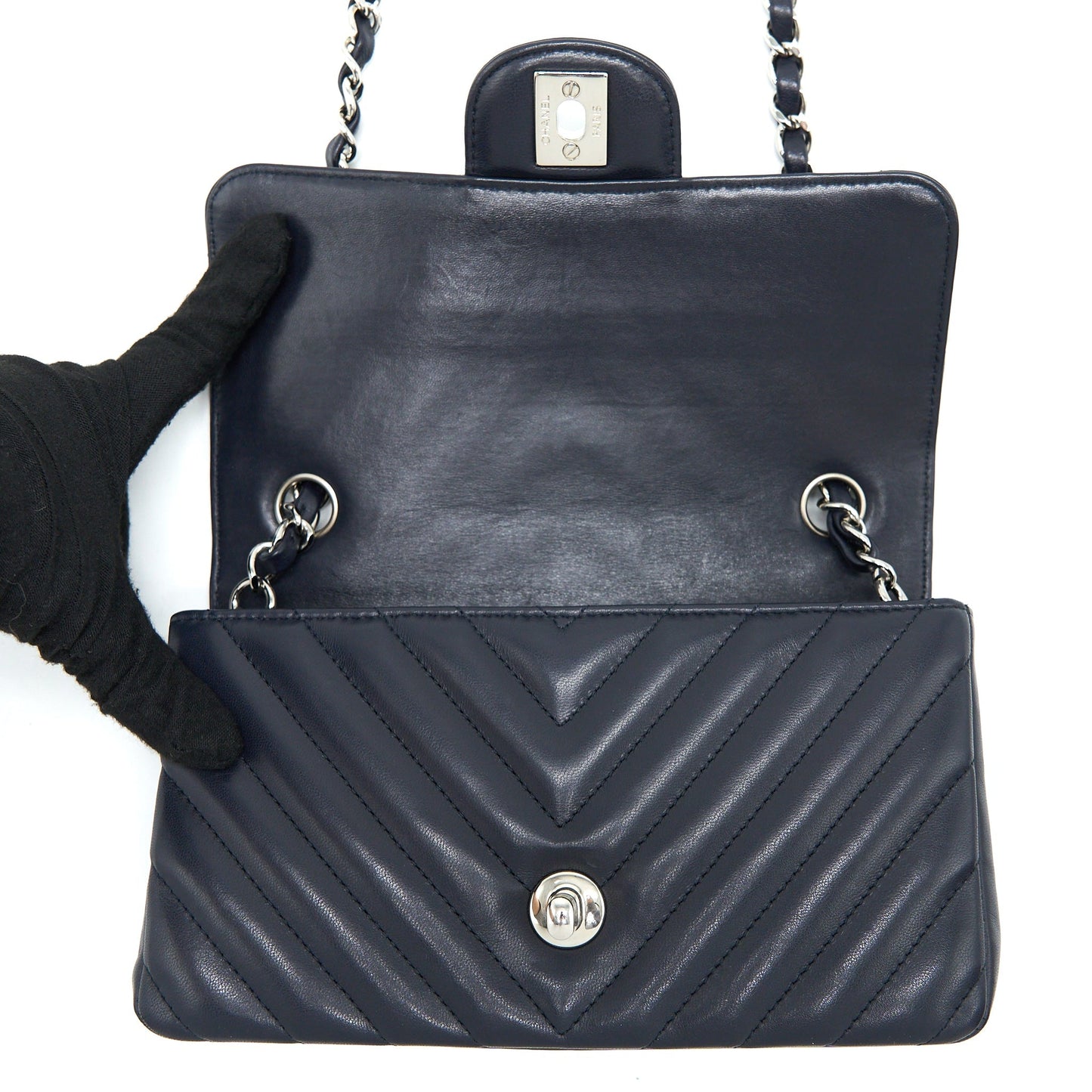 Chanel Mini Rectangular Flap Bag Chevron Lambskin Navy