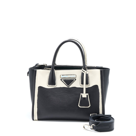 Prada Double Zip Tote Purse Calfskin Black/White