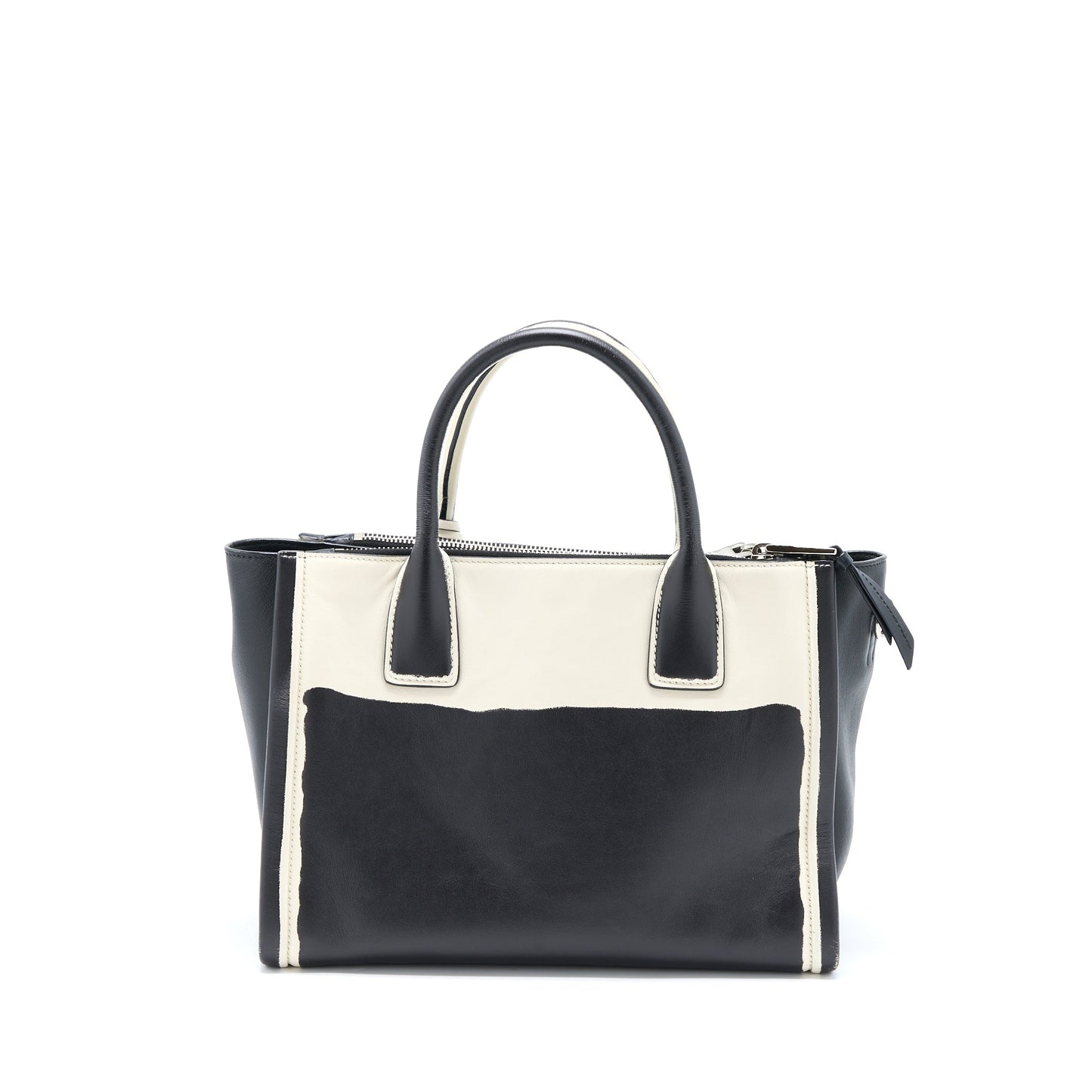 Prada Double Zip Tote Purse Calfskin Black/White