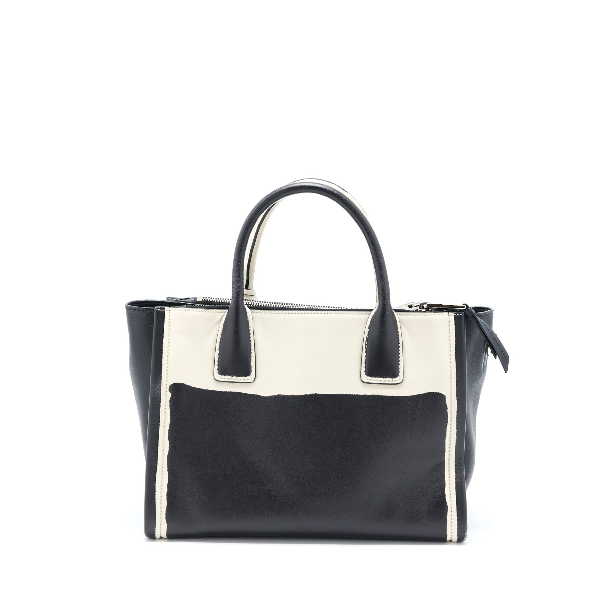 Prada Double Zip Tote Purse Calfskin Black/White