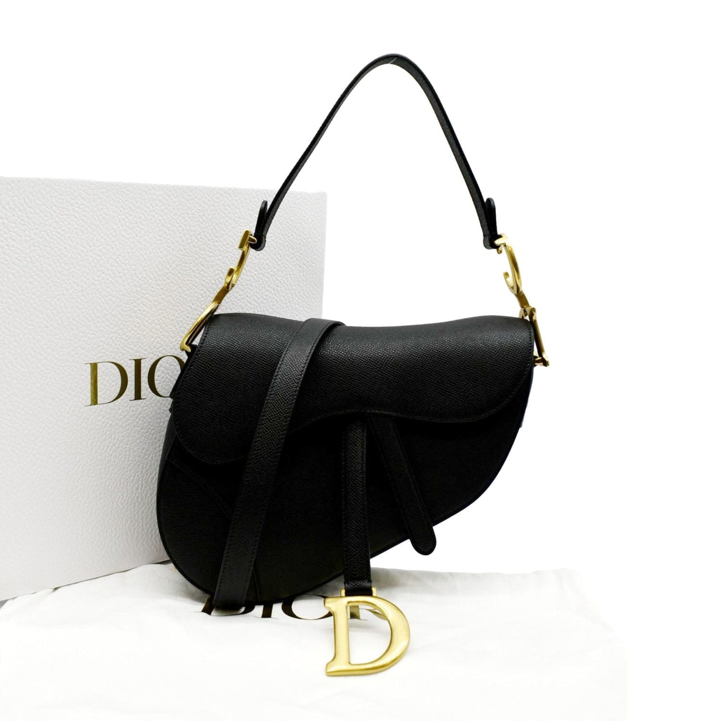 CHRISTIAN DIOR Saddle Grained Calfskin Leather Satchel Shoulder Bag Black