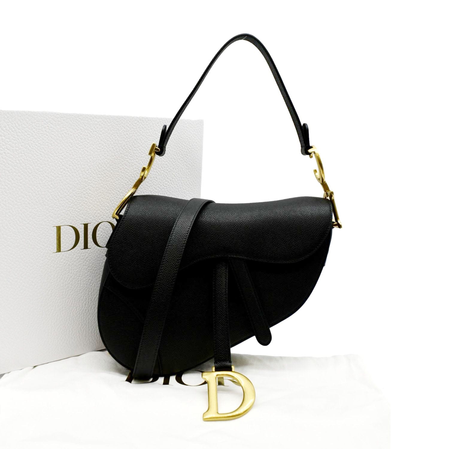 CHRISTIAN DIOR Saddle Grained Calfskin Leather Satchel Shoulder Bag Black