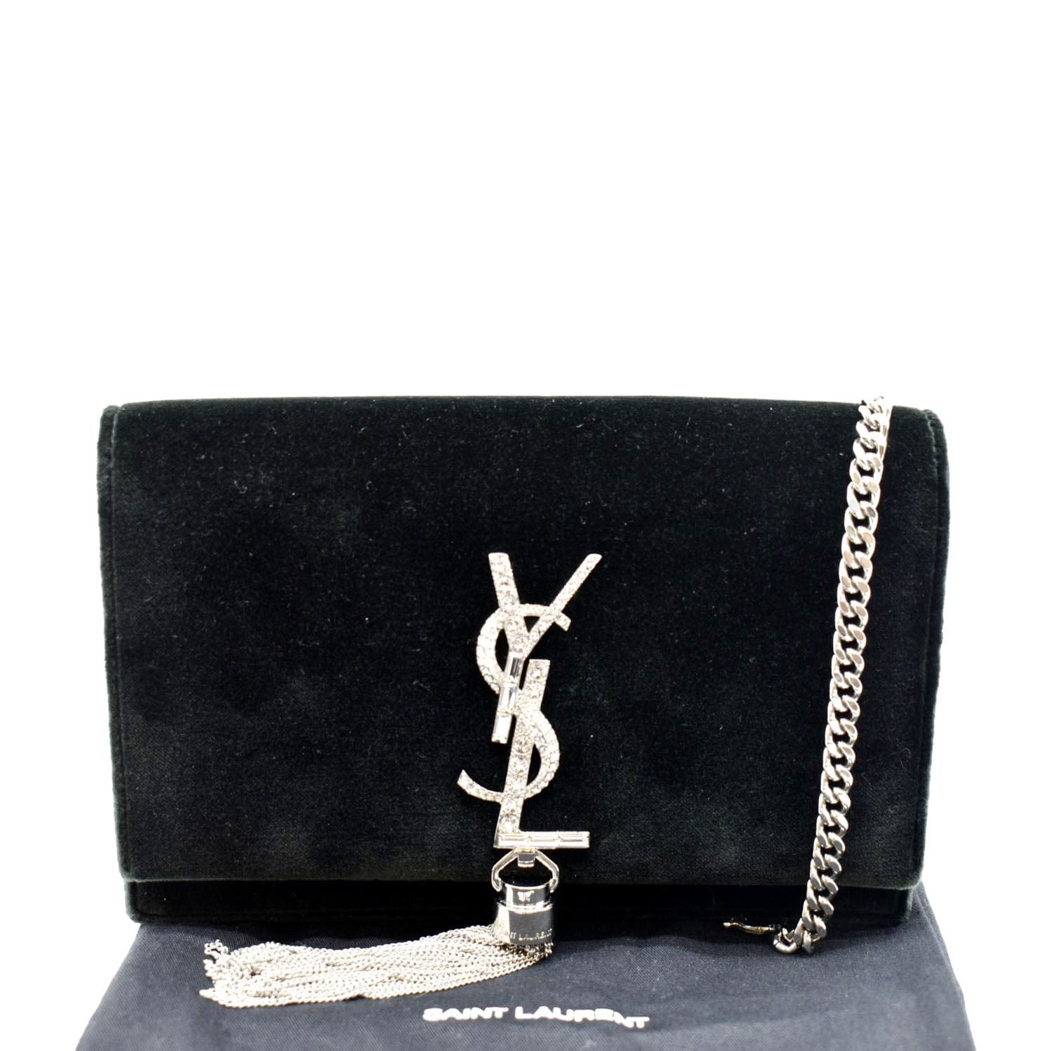 YVES SAINT LAURENT Crystal Kate Medium Tassel Velvet Crossbody Bag Dark Green
