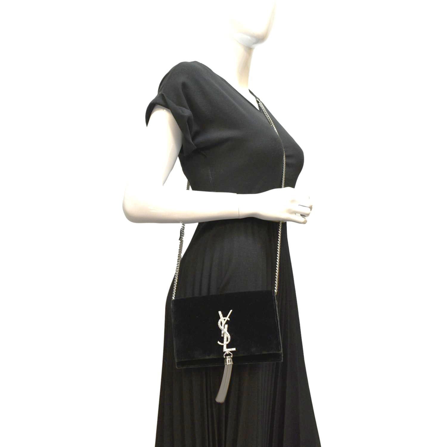 YVES SAINT LAURENT Crystal Kate Medium Tassel Velvet Crossbody Bag Dark Green