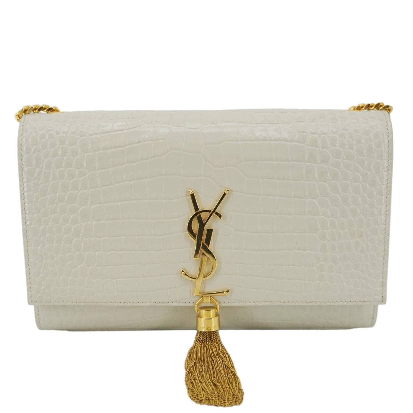 YVES SAINT LAURENT Kate Tassel Medium Crocodile Embossed Leather Crossbody Bag White