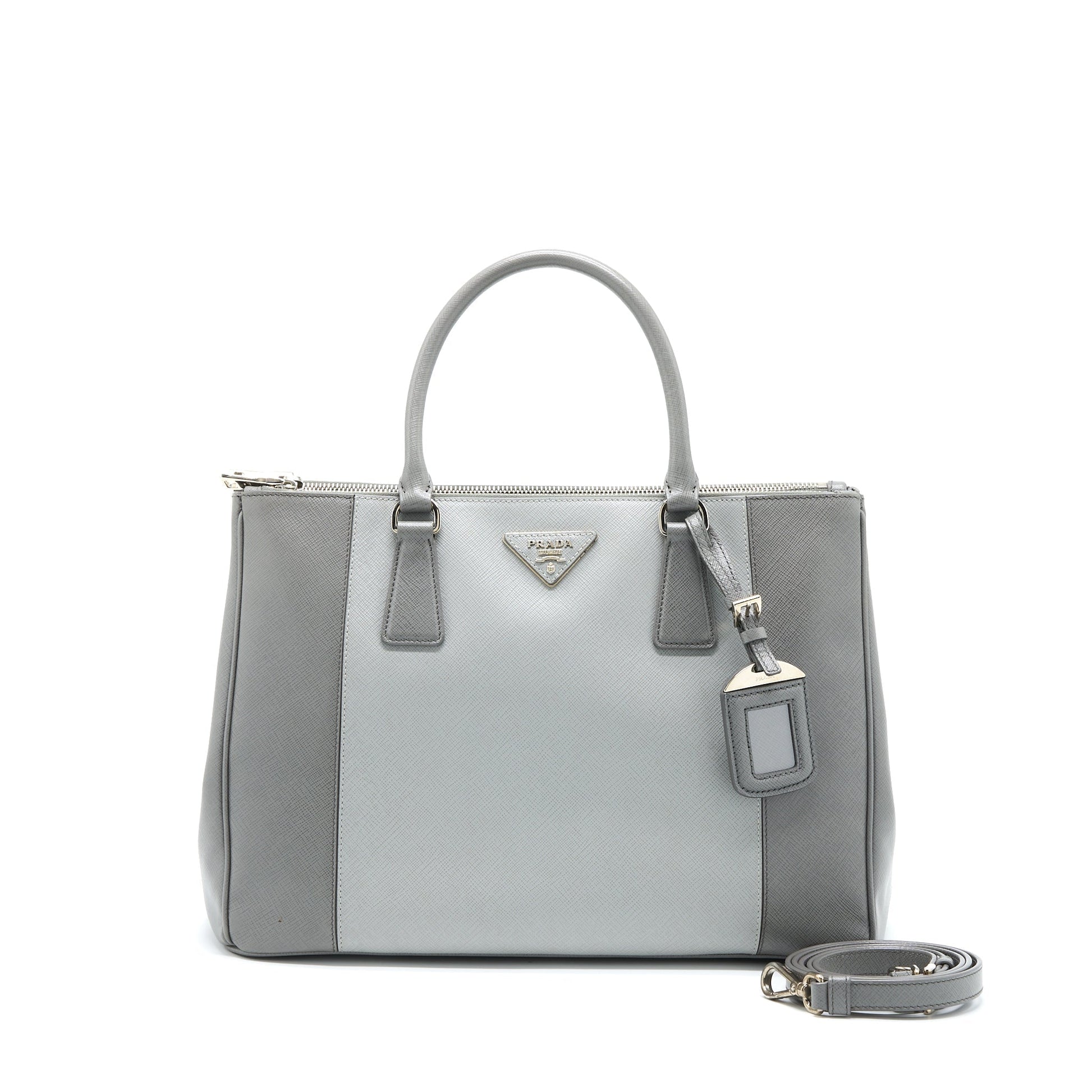 Prada Double Zip Tote Purse Saffiano Calfskin Multicolour Grey
