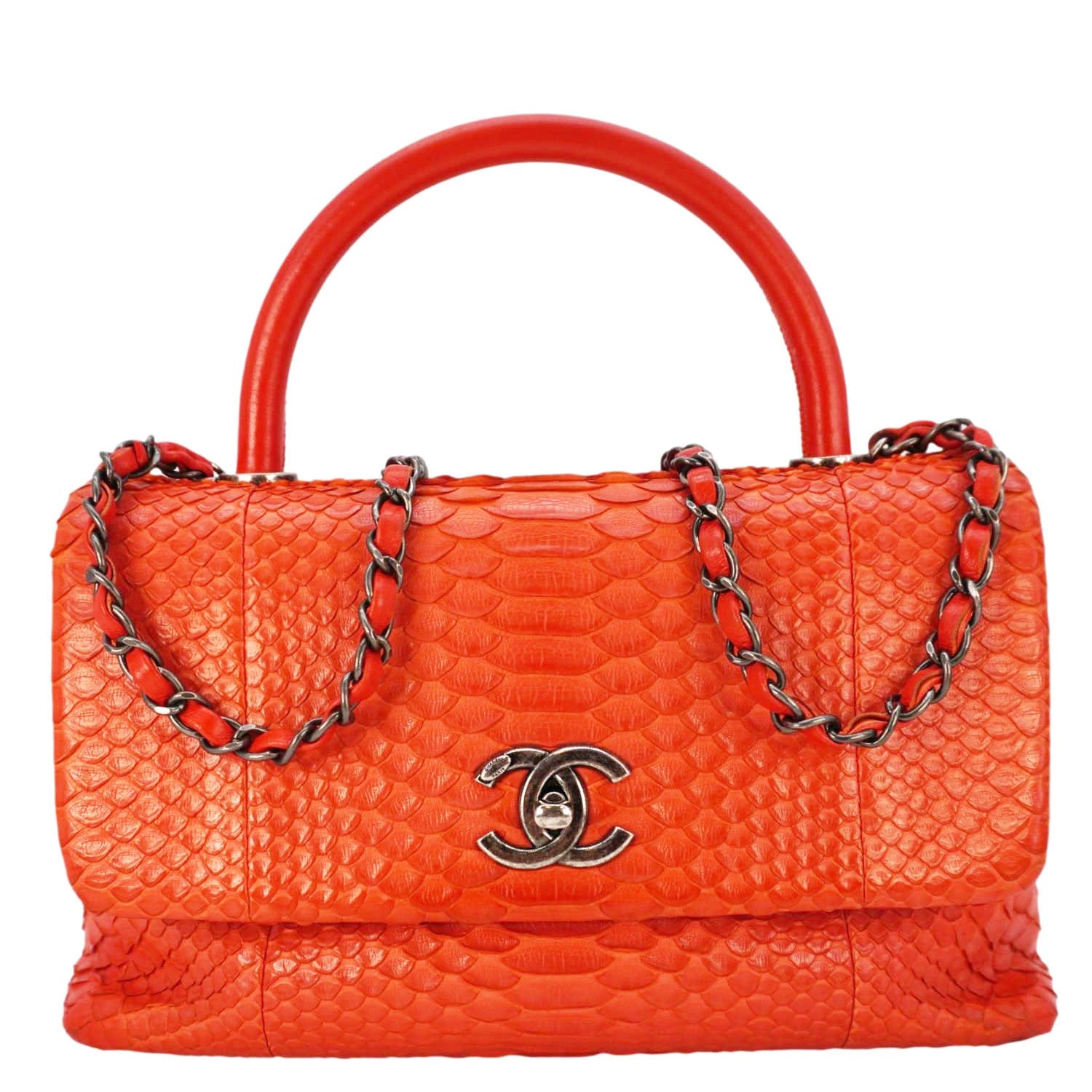 Chanel Coco Flap Python Leather Top Handle Shoulder Bag Red