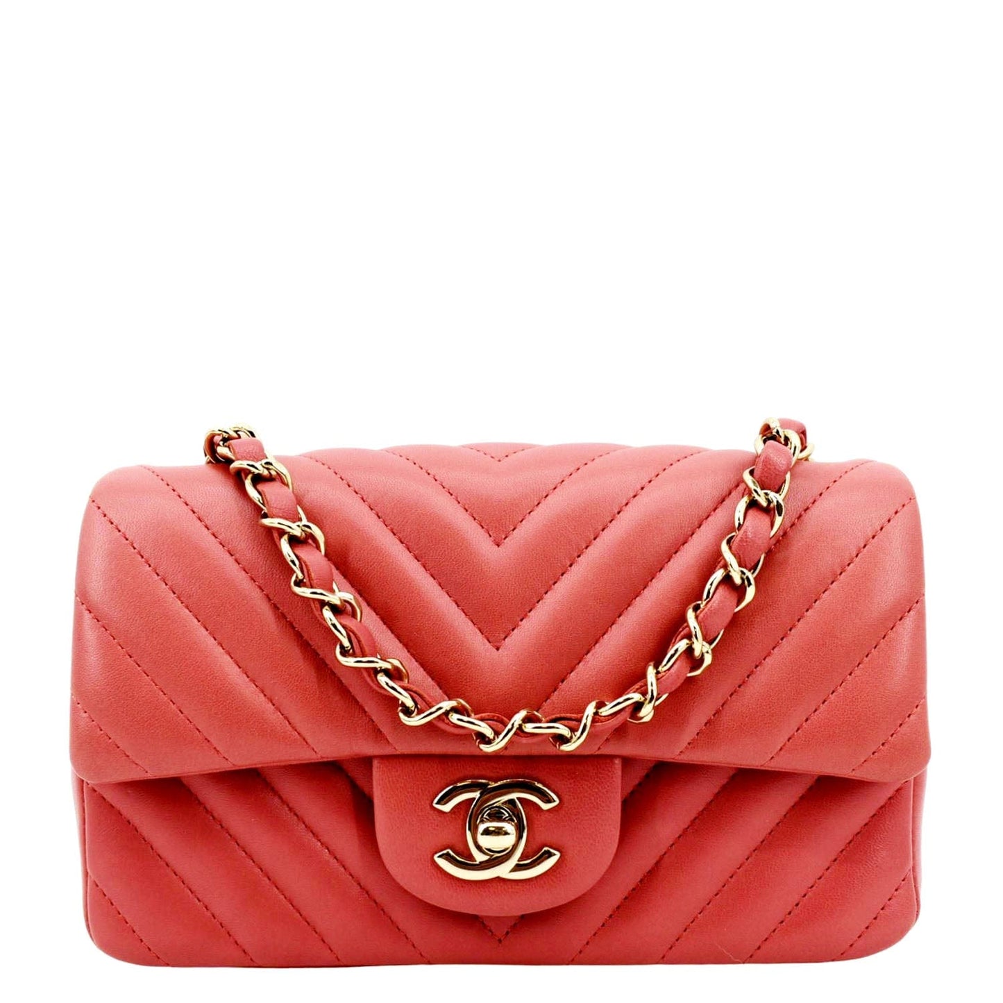 Chanel Rectangular Flap Mini Quilted Chevron Leather Shoulder Bag Red