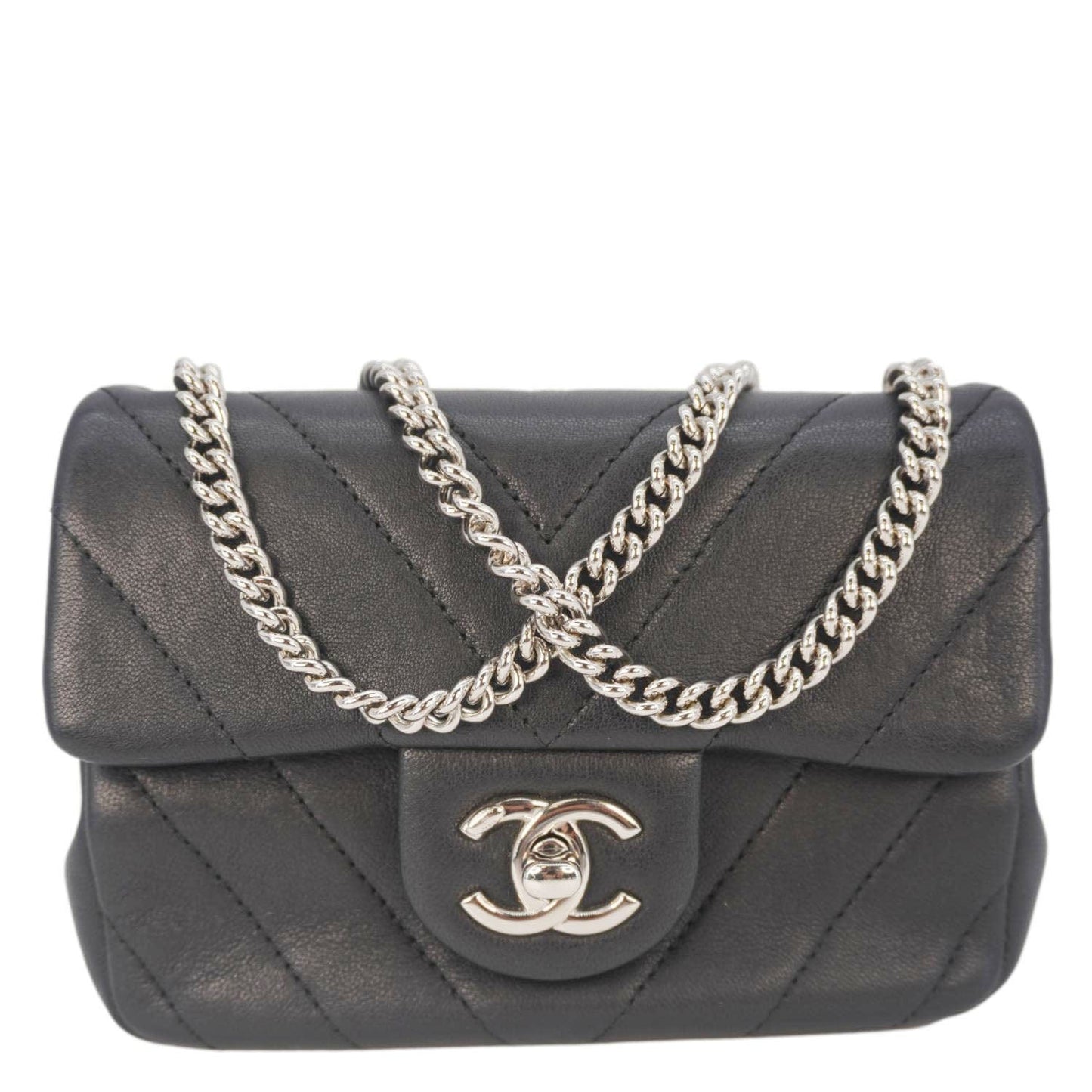 Chanel Mini Flap Quilted Chevron Leather Crossbody Bag Black