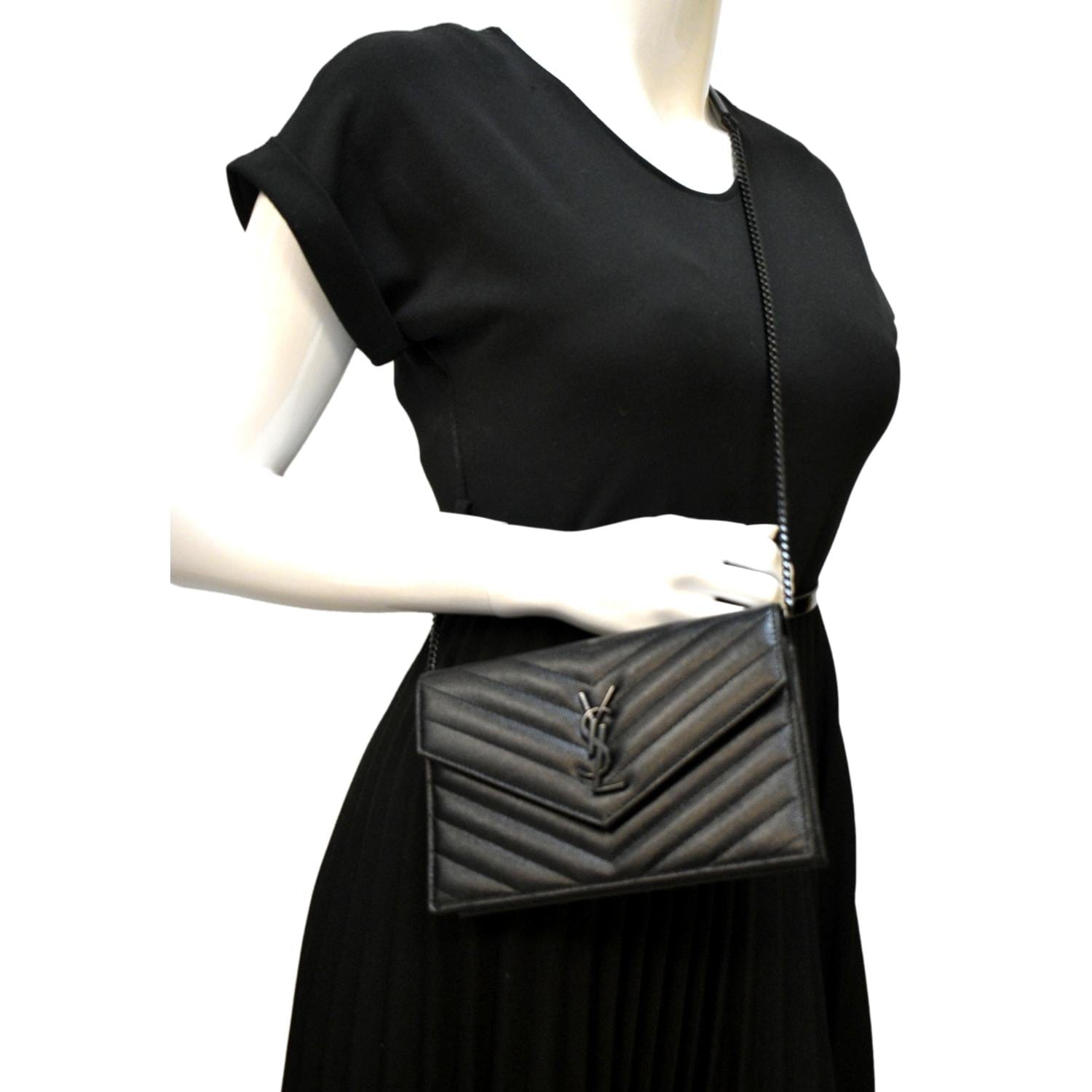 YVES SAINT LAURENT Cassandre Grain De Poudre Embossed Leather Chain Envelope Bag Black