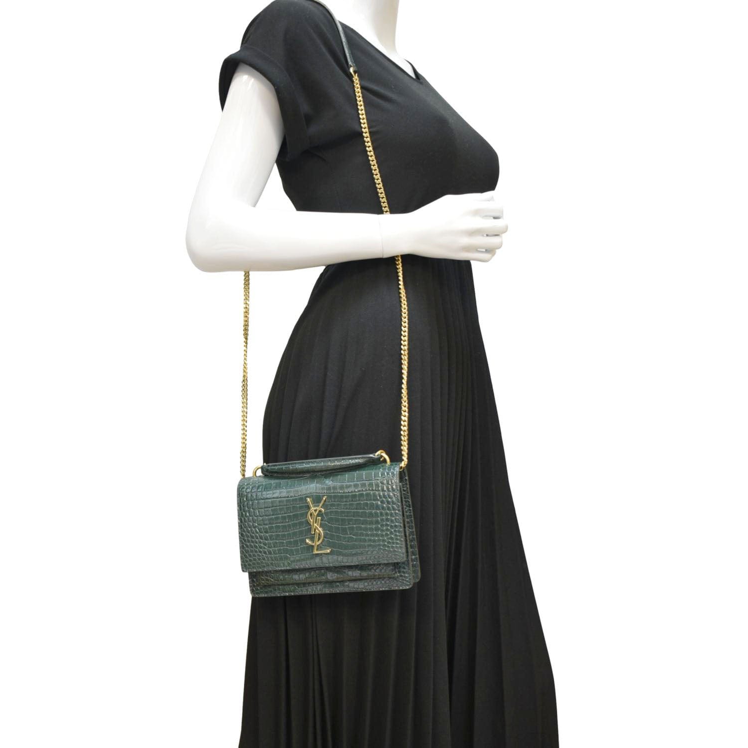 YVES SAINT LAURENT Sunset Crocodile Embossed Leather Crossbody Bag Green