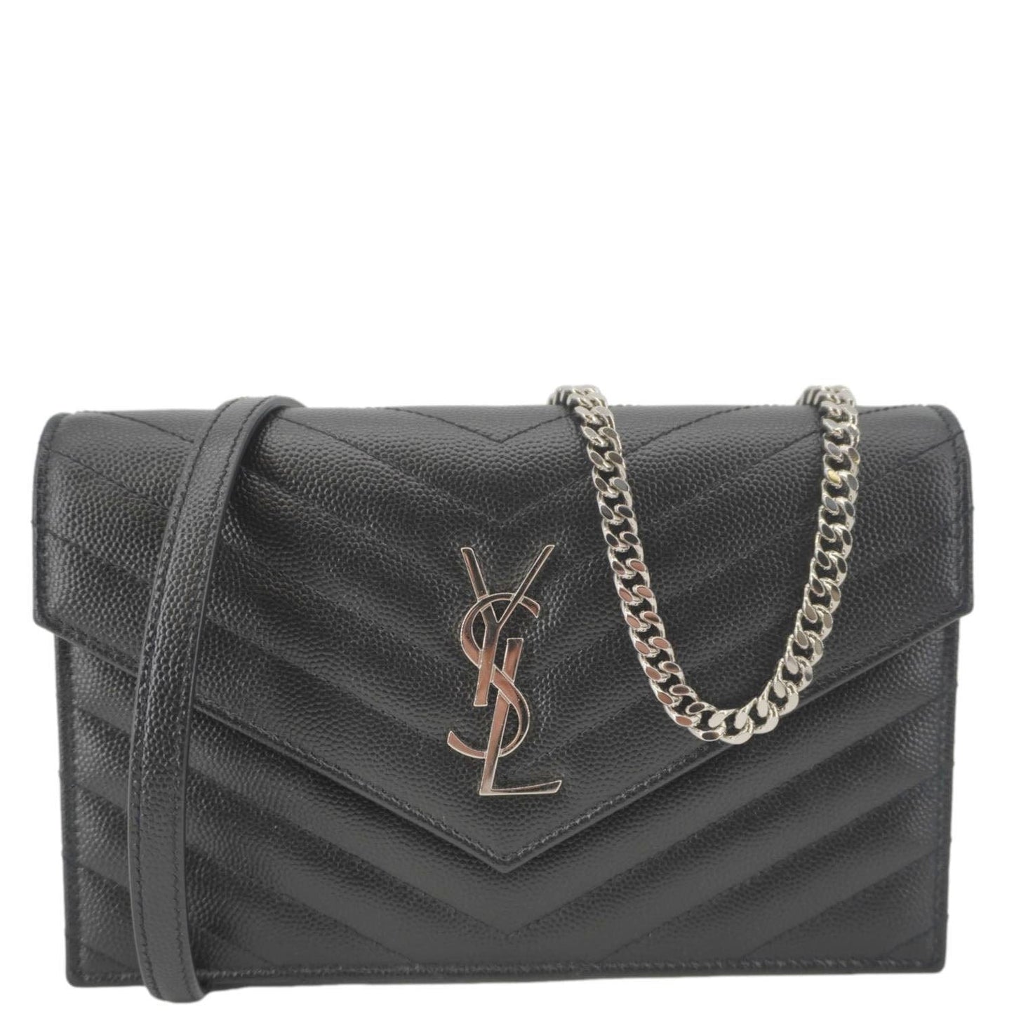 YVES SAINT LAURENT Cassandre Leather Wallet On Chain Crossbody Bag Black