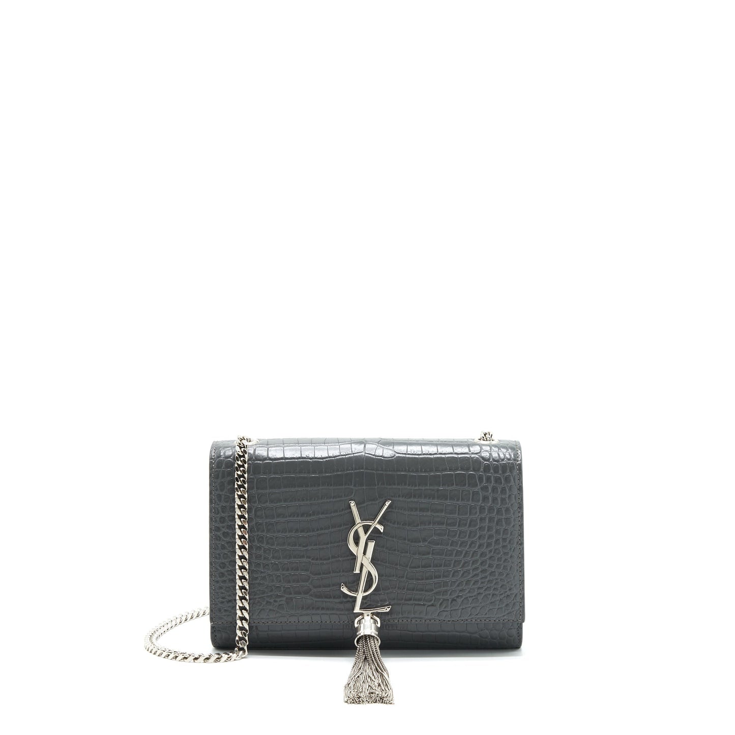 Saint Laurent Kate Tassel Crocodile-Embossed Calfskin Grey