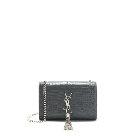 Saint Laurent Kate Tassel Crocodile-Embossed Calfskin Grey