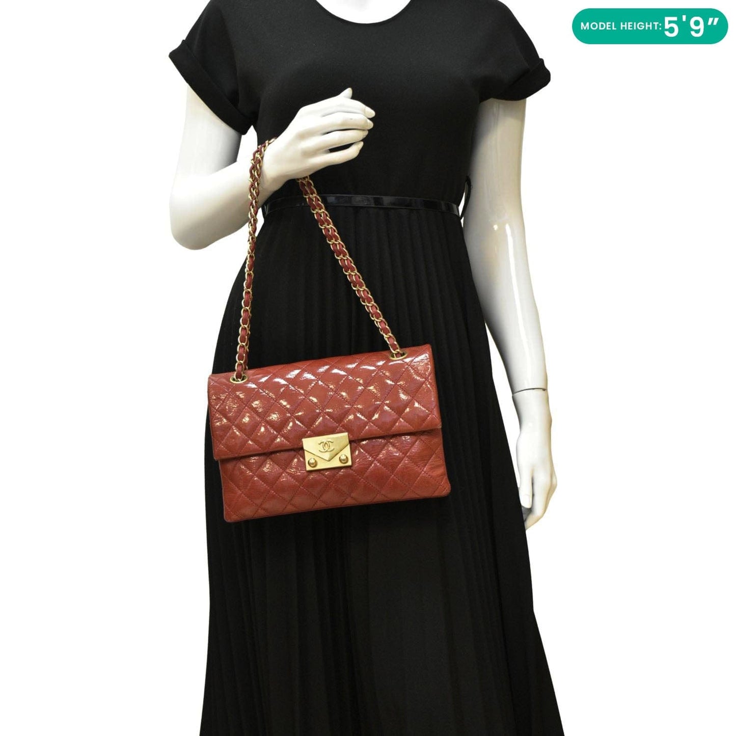 Chanel 3 Pocket Accordion Flap Small Patent Leather Shoulder Bag Red
